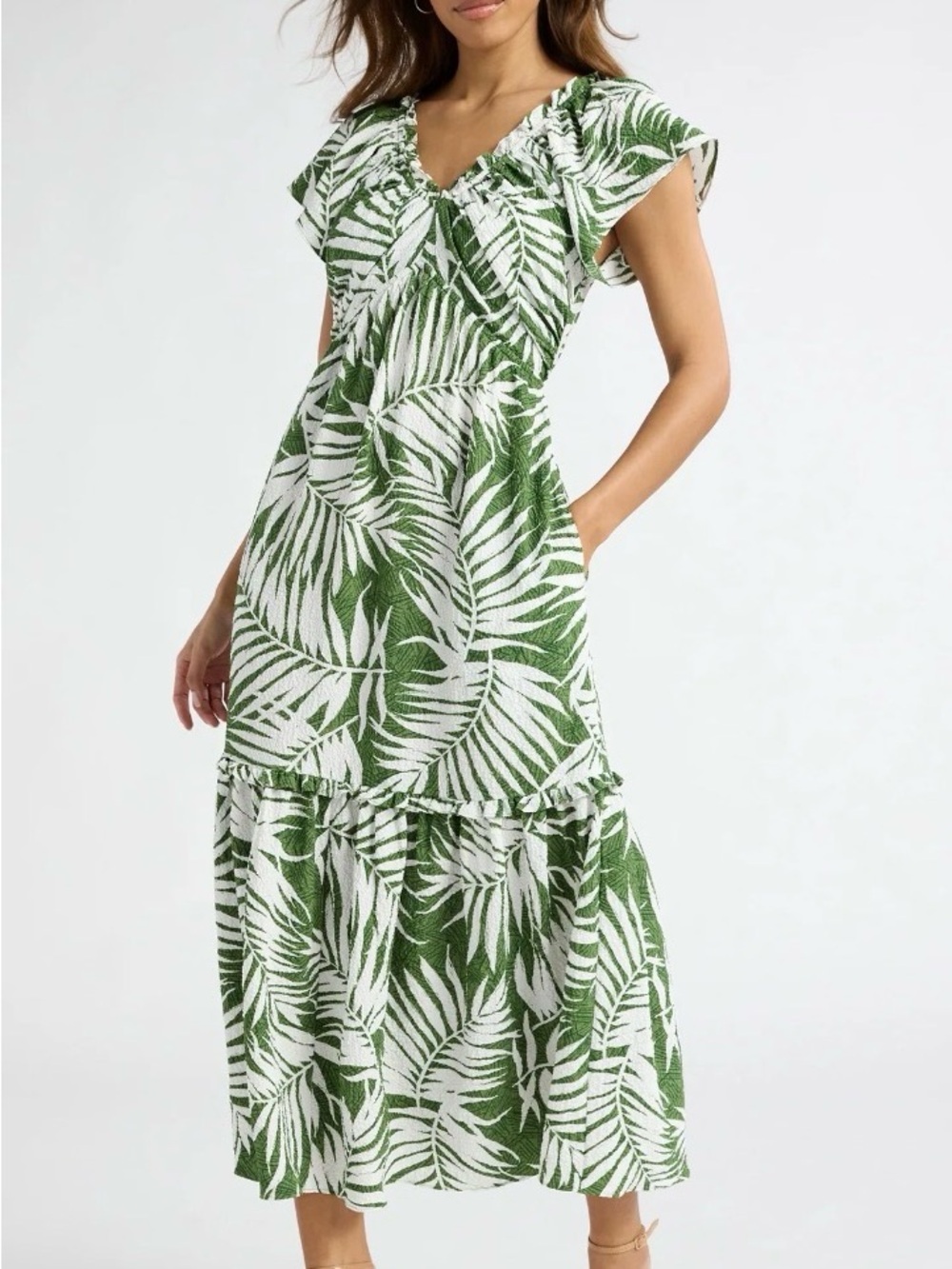 sofia by sofia vergara Green and White Leaf-Print Maxi Dress
